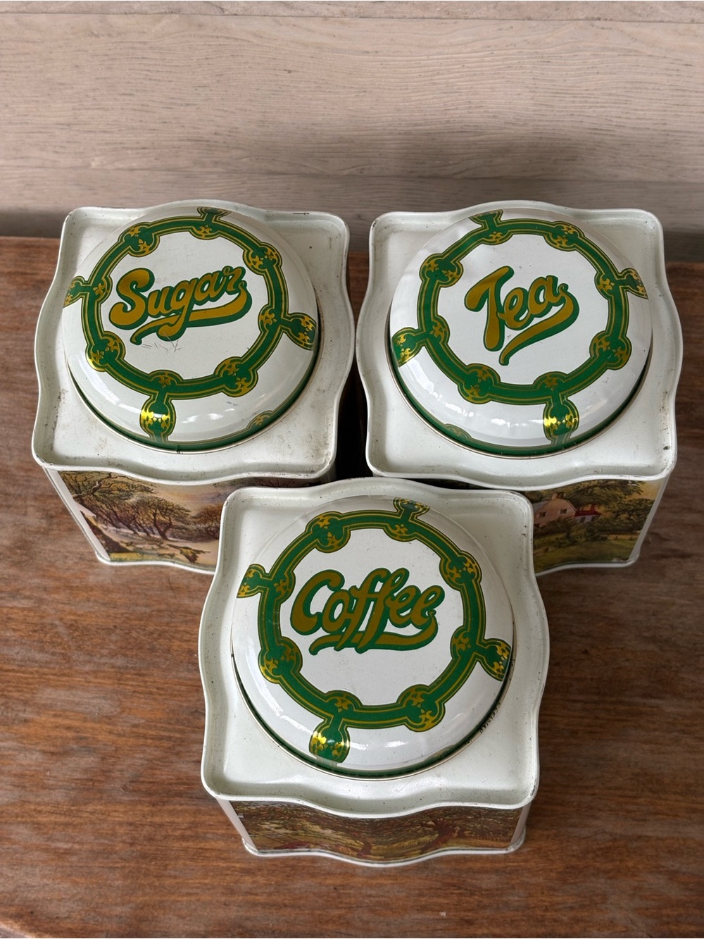VTG tea, coffee, and sugar tins manufactured by MSR Imports in Hong Kong